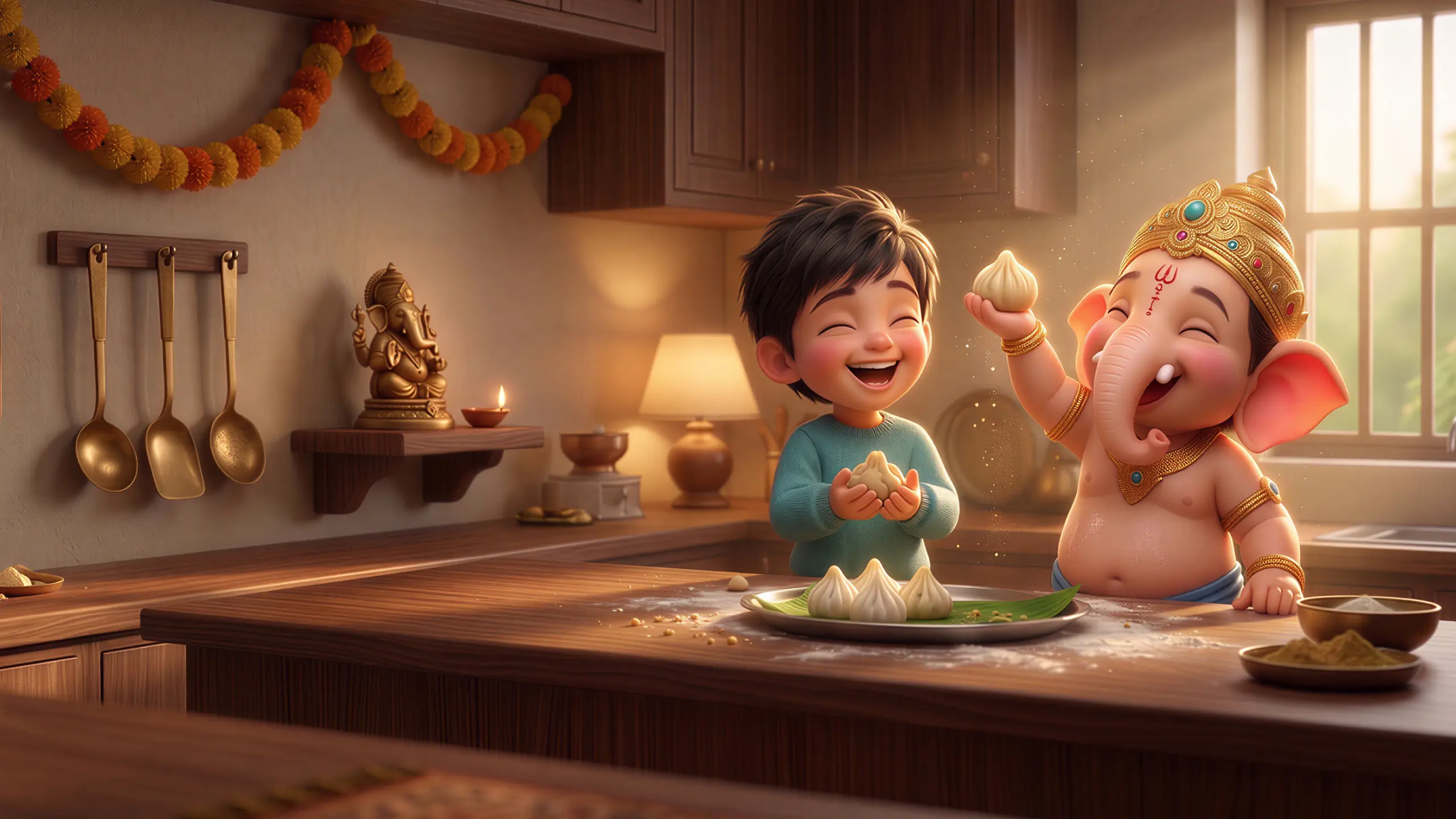 Cinematic Pixar-style illustration of Ganesha baking in a warm kitchen with a young child